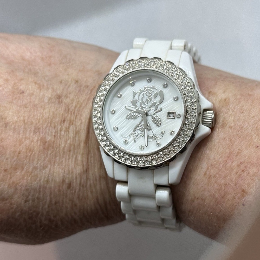 Vintage Ed Hardy MOP Unisex Watch Analog White Silver Swarovski Crystal Rose Y2K